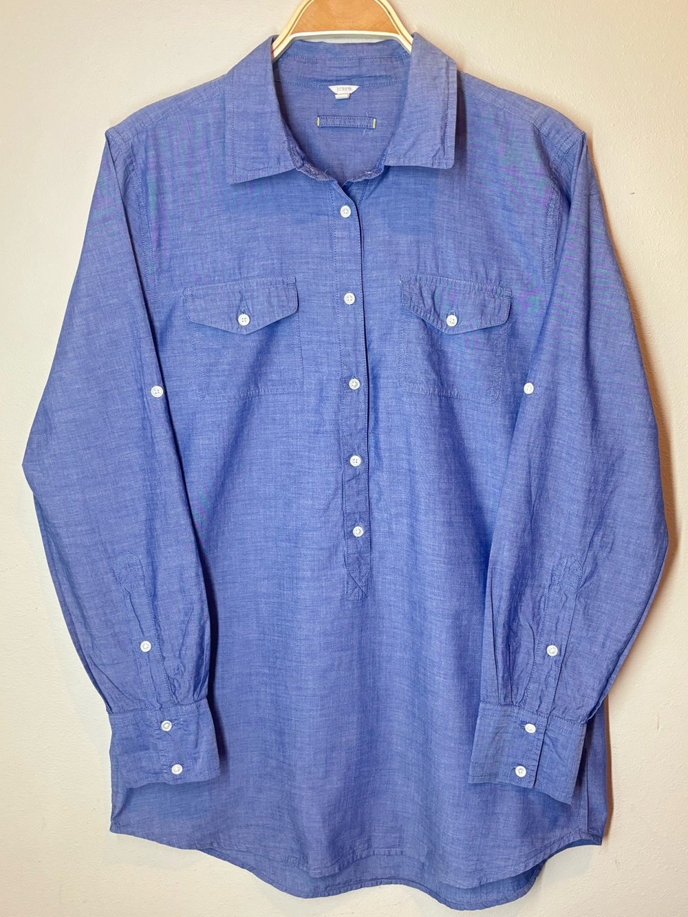 J Crew Chambray Blue Long-Sleeve Button Pullover Tunic, medium, 100% cotton